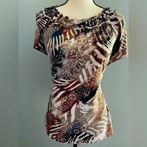 Brown, Tan, Black and White Short-Sleeved Work Blouse